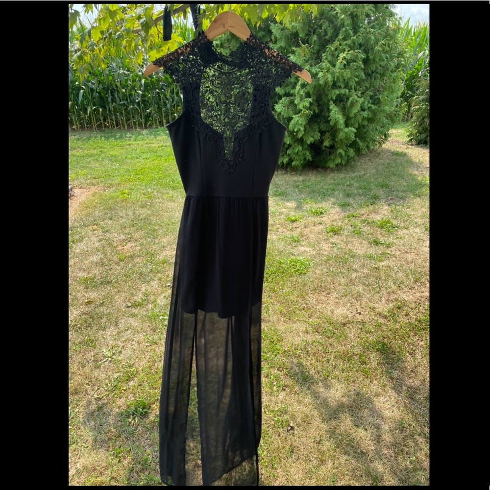 SOLEMIO - black lace/sheer bottom tie back dress S